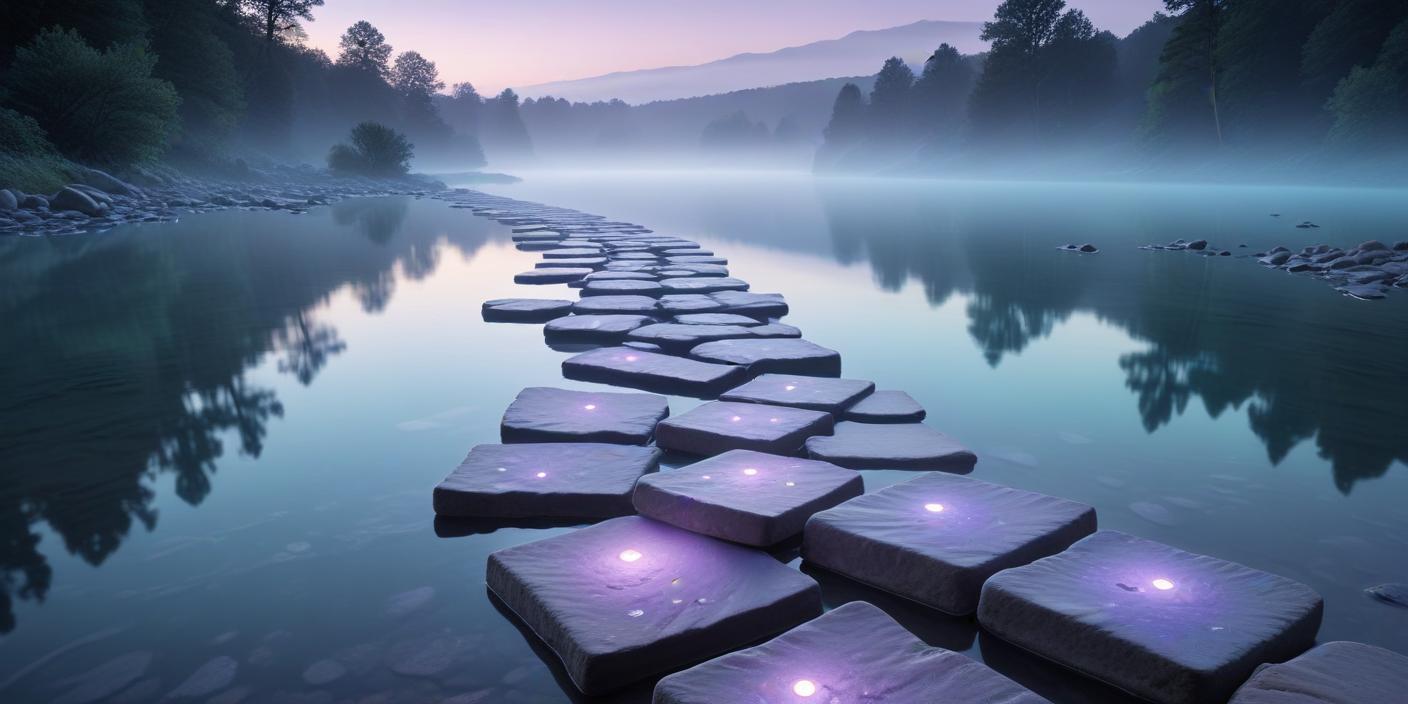 Stone stepping path across starlit river